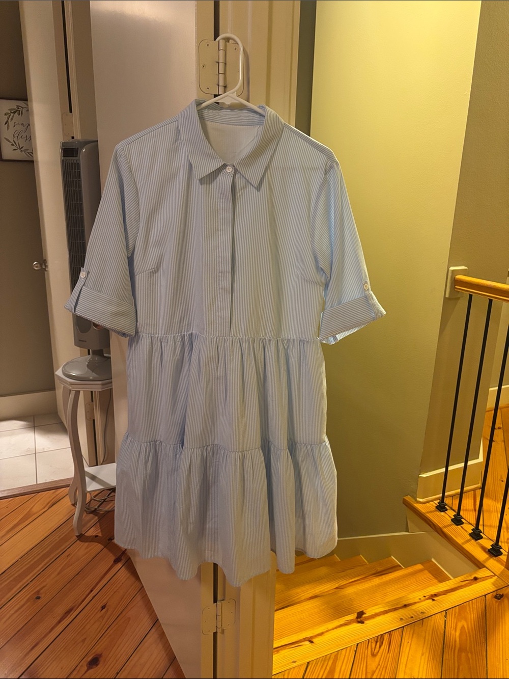 Light Blue Striped Tiered Shirt Dress